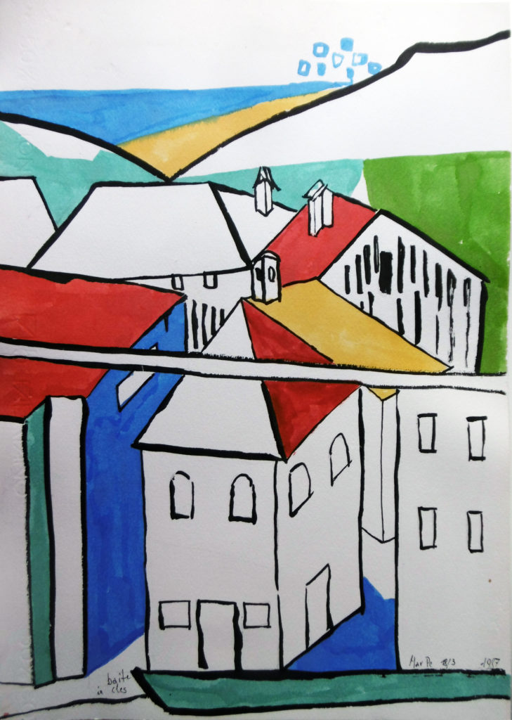 Baite in Cles, 1986, acquerello, 35x35 cm