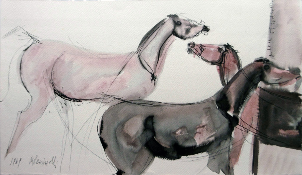 Cavalli, 1969, china e acquerello, 20x50 cm